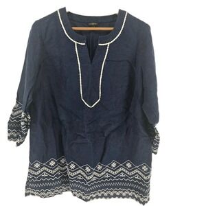 Talbots Tunic Blouse Womens X Navy Blue Linen Embroidered Split Neck 3/4 Sleeve